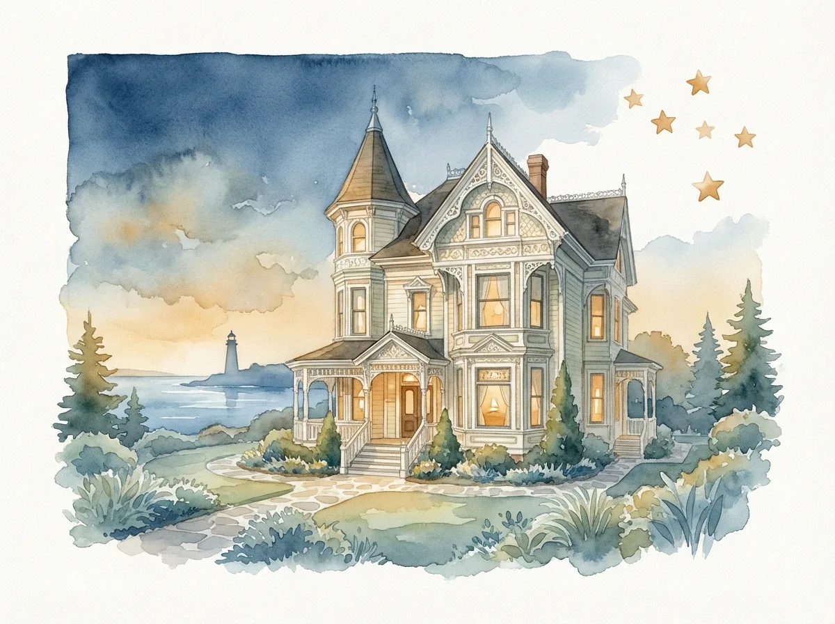 Heritage Victorian home glowing warmly at twilight with watercolor stars