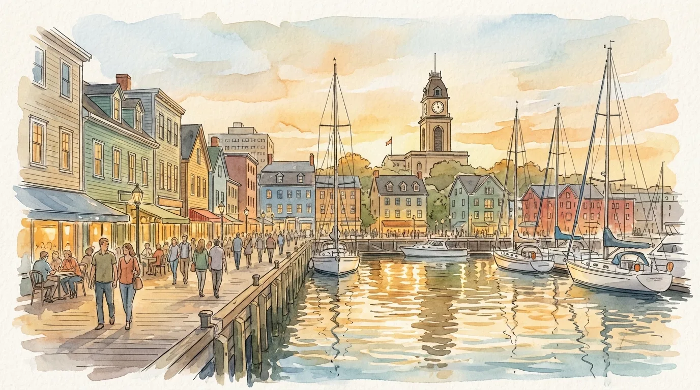 Watercolor of Halifax waterfront boardwalk at sunset with colorful buildings and sailboats