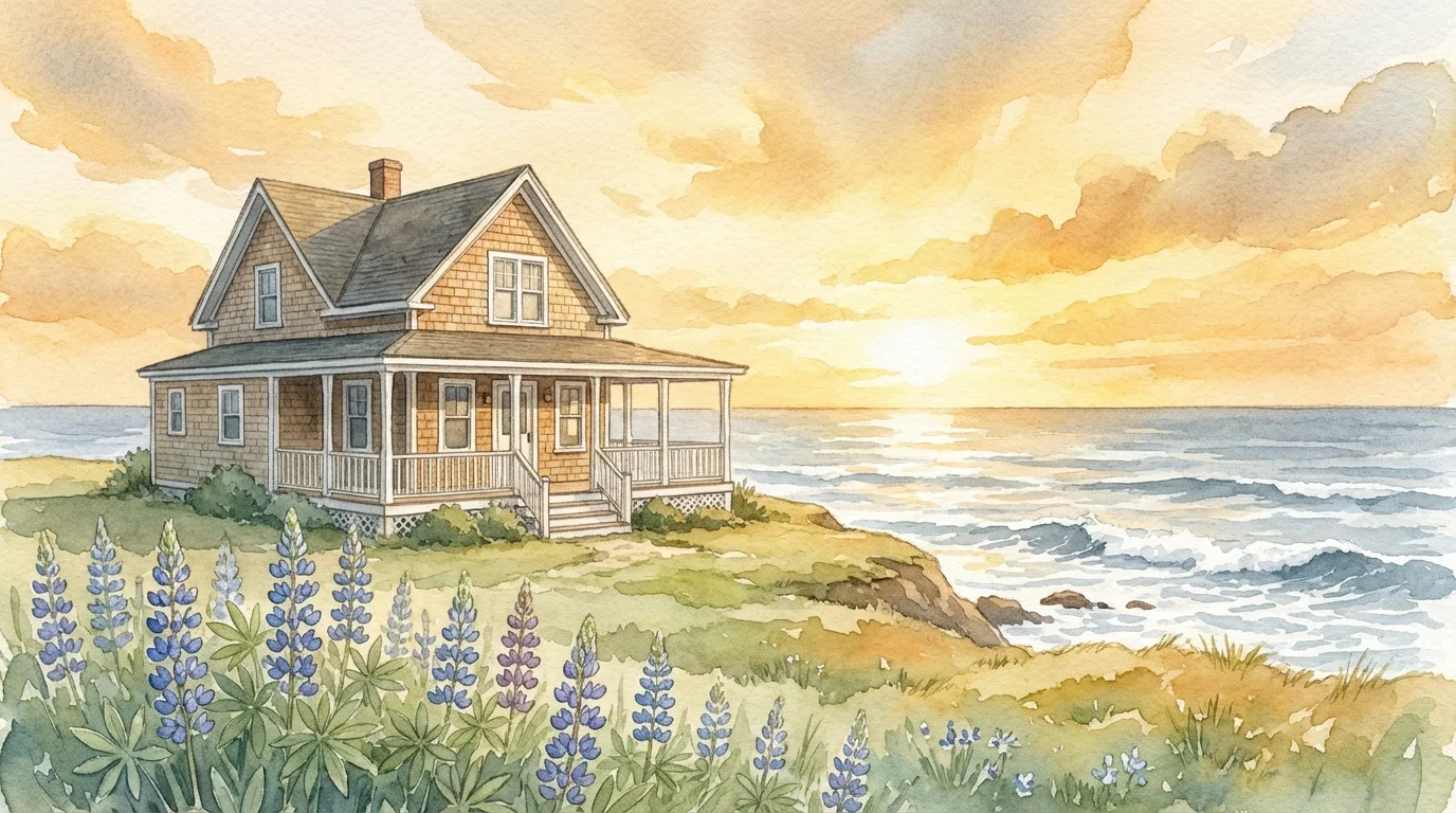 Watercolor of a Nova Scotia coastal cottage with ocean views