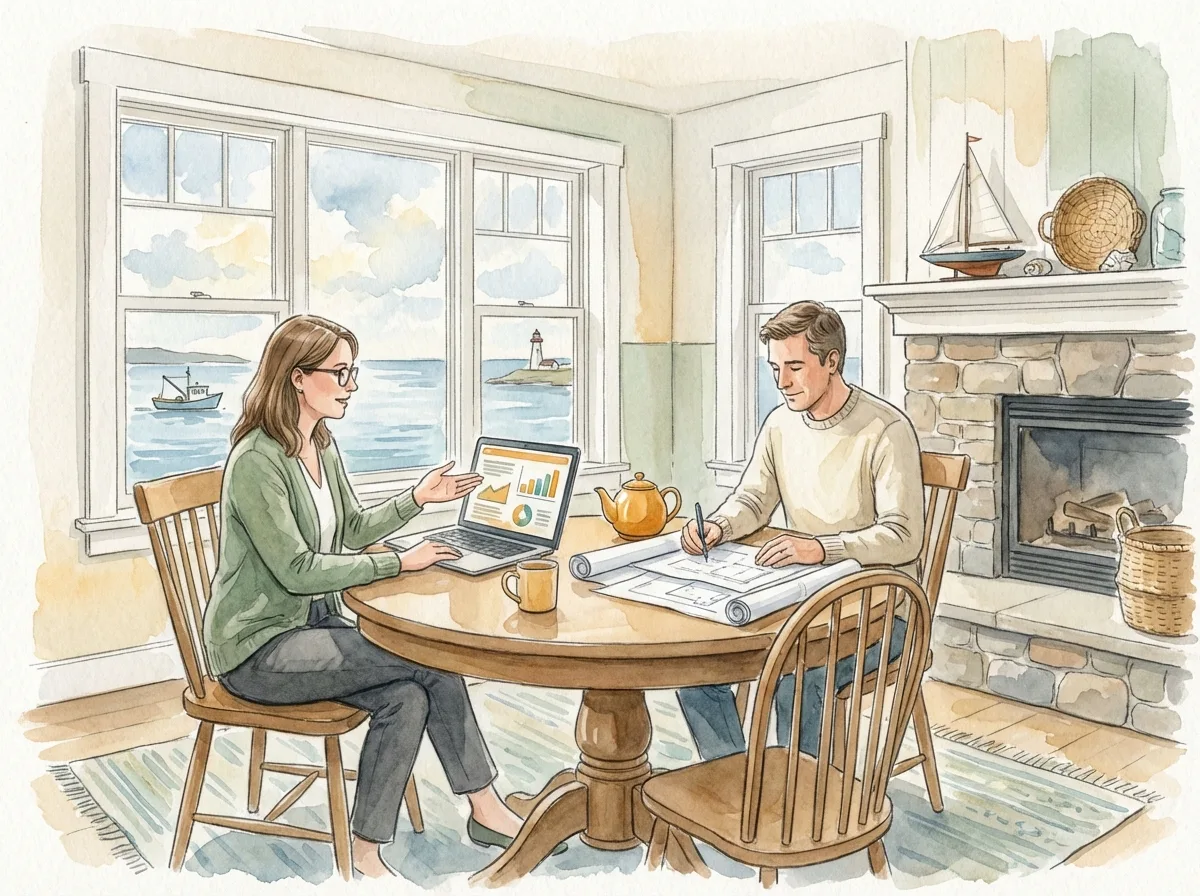 Property owner and Casa Scotia manager reviewing analytics at a kitchen table