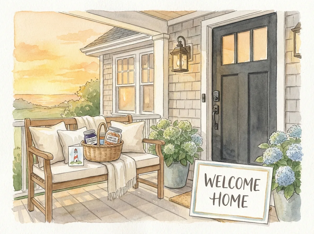 Welcome basket with local Nova Scotia treats on a vacation rental porch