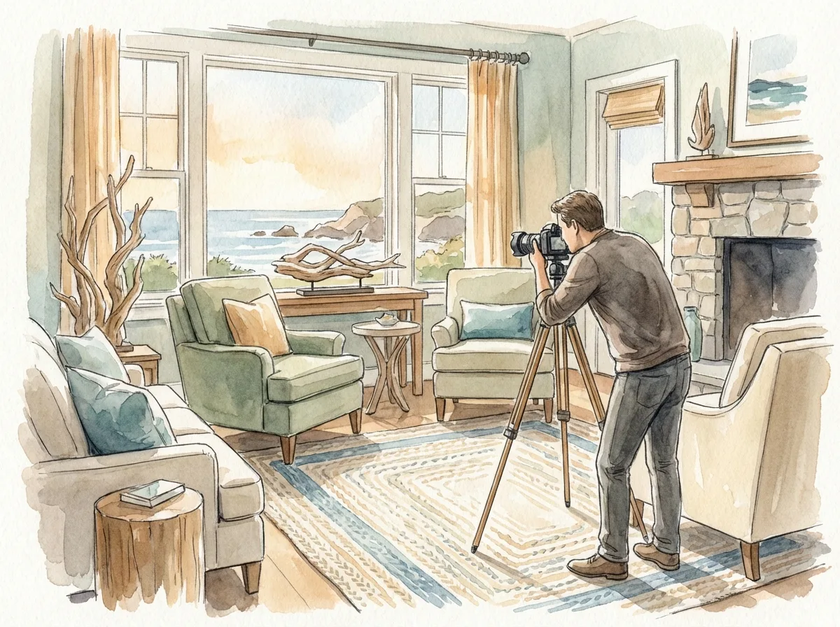 Professional photographer capturing a beautifully staged vacation rental