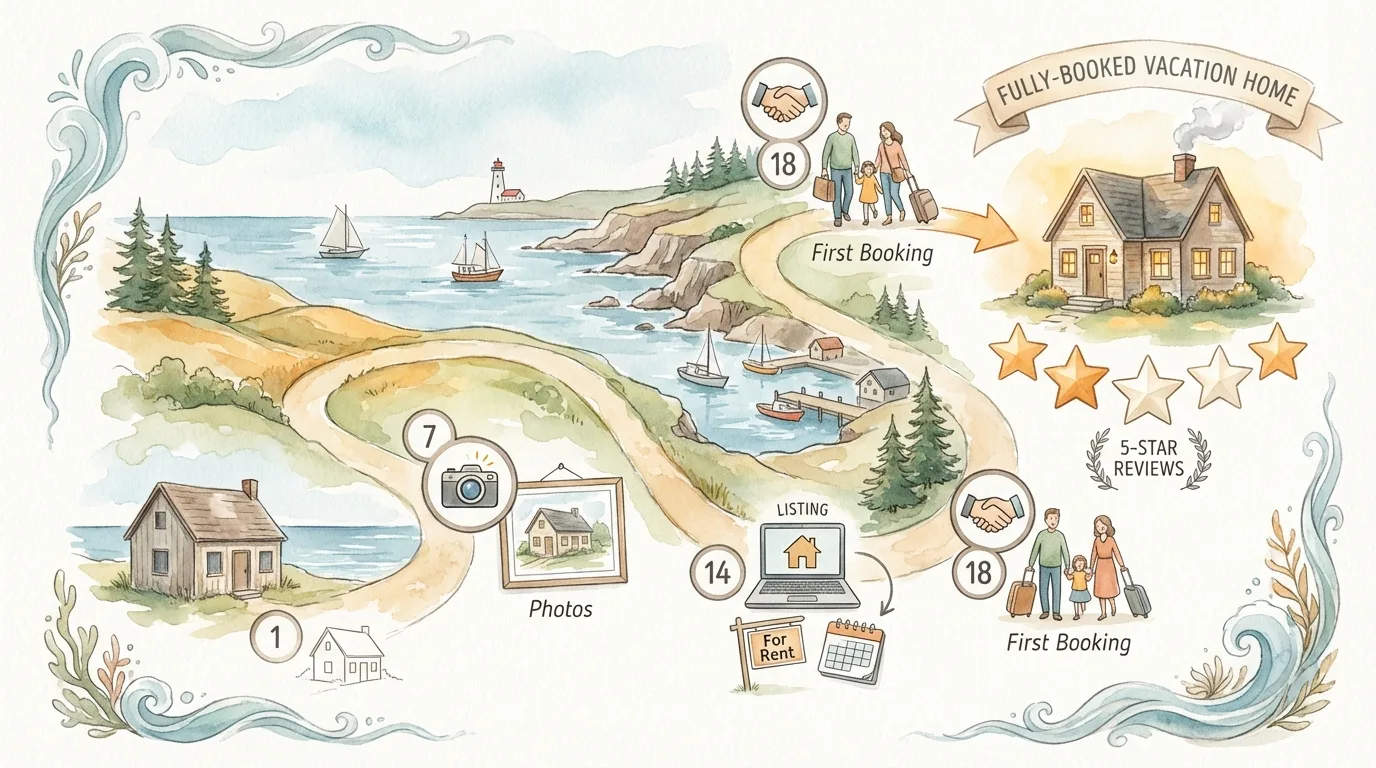 Watercolor illustration showing the 21-day journey from empty property to fully-booked vacation home