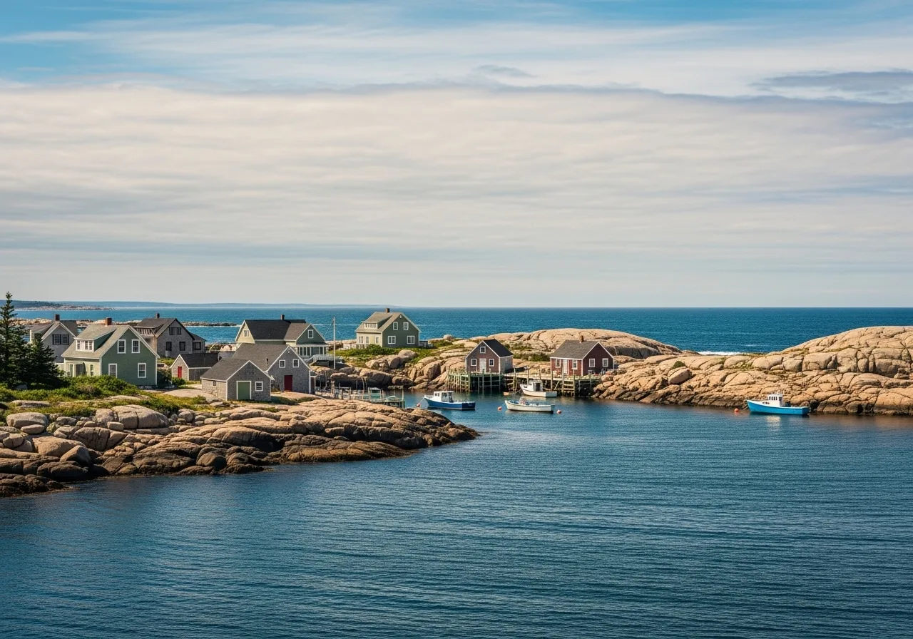 Watercolor illustration of Indian Harbour, Nova Scotia